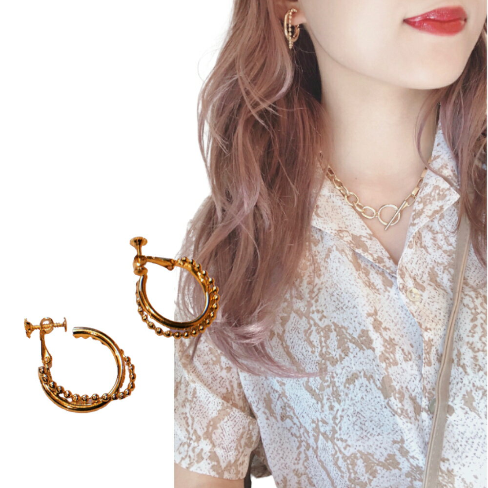 Chain＆Ring Hoop Earrings (gold)　アクセサリー　イヤリング　チェーン　リング　フープ　ゴールド　金　イエベ　両耳　レディース　ピアス風　シンプル　普段使い　華奢　カジュアル　ストリート　きれいめ　流行　トレンド　韓国ファッション　エーディージー　A.D.G