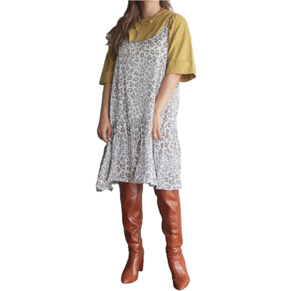 Leopard Frill Hem Cami-Oneiece (white-beige) 女性 レディース ワンピース キャミワンピース ノースリーブ フリルヘム レオパード ヒョウ柄 アニマル柄 春 夏 秋 重ね着 カジュアル ガーリー エレガント フェミニン 原宿 韓国 A.D.G エーディージー 送料無料