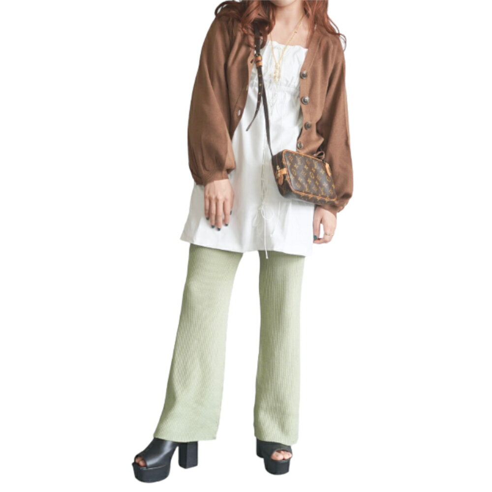 Balloon Sleeve V-Neck Knit Cardigan (brown)　レディース　トップス　カーディガン　ニット　ブラウ..