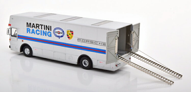 Reowide モデルカー カタログ SHOPのシュコー 1/43 メルセデス O317 ポルシェ レーストランスポーター マルティーニ Mercedes Porsche race transporter Martini｜アングル2