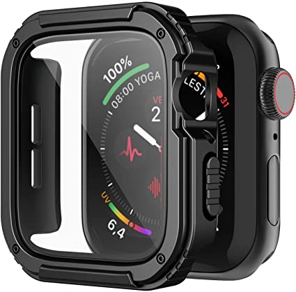 WASPO コンパチブル Apple watch ケース 頑丈 44mm 高感度強化フィルム付き アップルウォッチケース 保護カバー iWatch ケース 耐衝撃 落下 吸収(Series SE/6/5/4 ブラック)