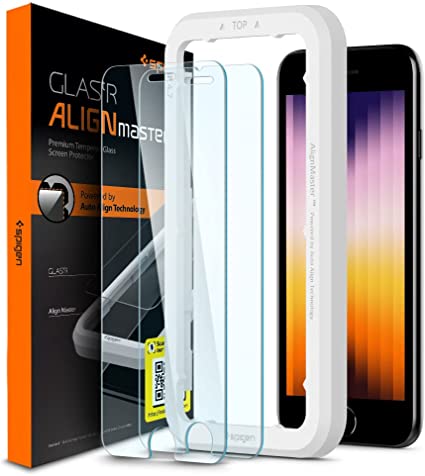 Spigen AlignMaster ガラスフィルム iPhone SE 第3世代、iPhone SE 第2世代、iPhone 8/7 用 ガイド枠付き iPhone SE3/SE2/8/7 対応 保護 フィルム 2枚入