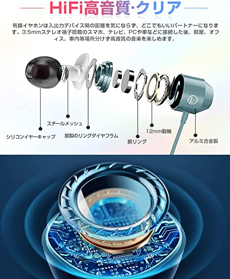 イヤホン 有線 3.5mm マイク付き HIFI音質 音量調整 重低音 リモコン付き クリア通話 高遮音性 ノイズ遮断 テレワーク/在宅勤務/会議/ウォークマン/Switch/PS4/ZOOM/YouTube/PC/Android/iPhone Lig
