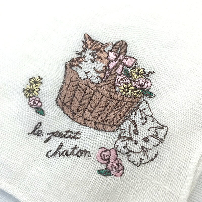 日本製リネンハンカチ かわいい子猫 麻100% 大判 風呂敷 お弁当包み 目隠し リネン...