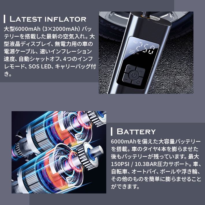 �ںǿ��ʲ��ǡ� 6000mAh��ư�������� ��ž�� �������� �����䥨�����ݥ�� Type-C���ż� ����������ץ�å��� �緿�վ�����150PSI�ε�®�ʥ���ե� ���굡ǽ�ϼ�ưŪ���Ĥ����SOS �����̼�Ǽ���դ�