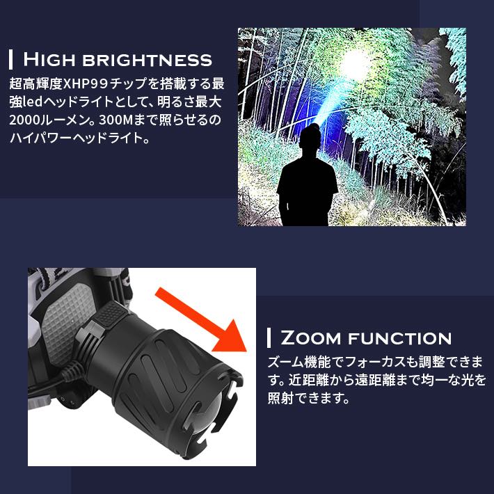 2022年式　充電式XHP99LEDヘッドライト 2000ルーメン 4モード 進化版 SOS ズーム機能 高輝度 270度調整 PSE18560電池2個付 電池残量表示 テール警告灯＆IPX-5防水 ヘッドランプ アウトドア用