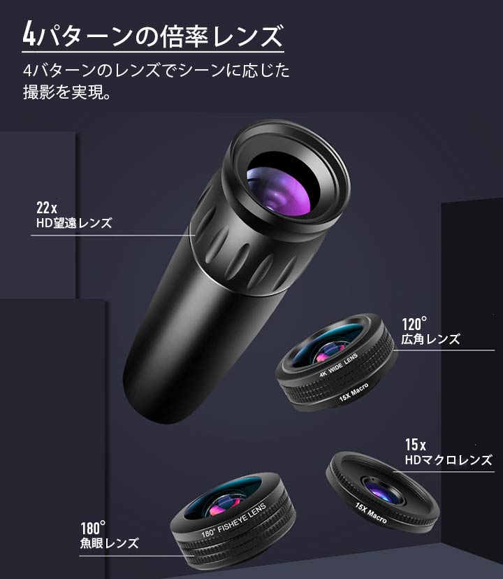 進化版4in1 22倍望遠レンズセット 魚眼レンズ 広角レンズ 15倍HDマクロレンズ スマホレンズセット スマホ用カメラレンズ スマートフォン用レンズ スマホ用三脚 リモコン クリップ式レンズ iPhone Android タブレットなど