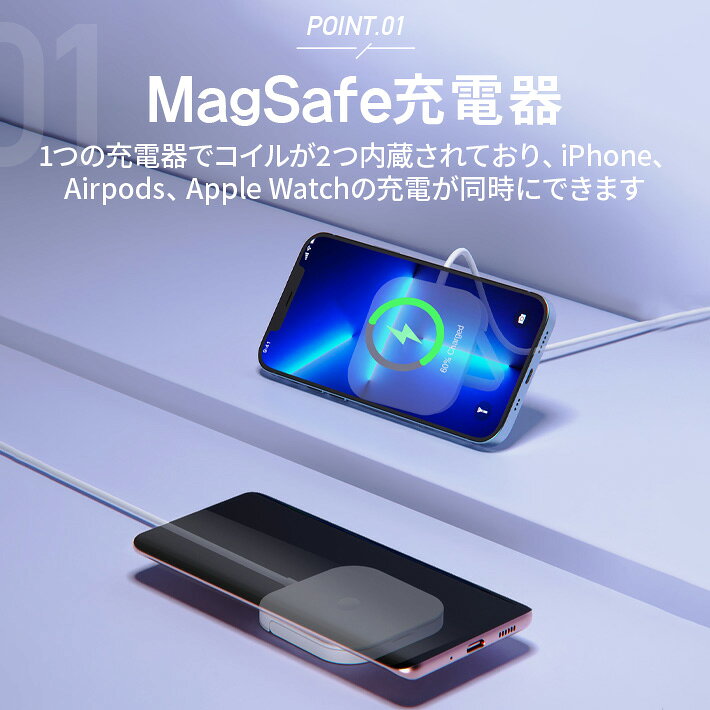[�ʲ���for MagSafe���Ŵ�]3in1�磻��쥹���Ŵ� Apple Watch���Ŵ� 15W��®���� �����դ�For Apple Watch/iPhone/AirPods���� Type-C �ὼ���ݸ� Ǯ���ʤ�ˤ��� 50gĶ���� USB�Ѵ������ץ��� Qi�����б� iPhone13/12���꡼�����б� �ޥ�������