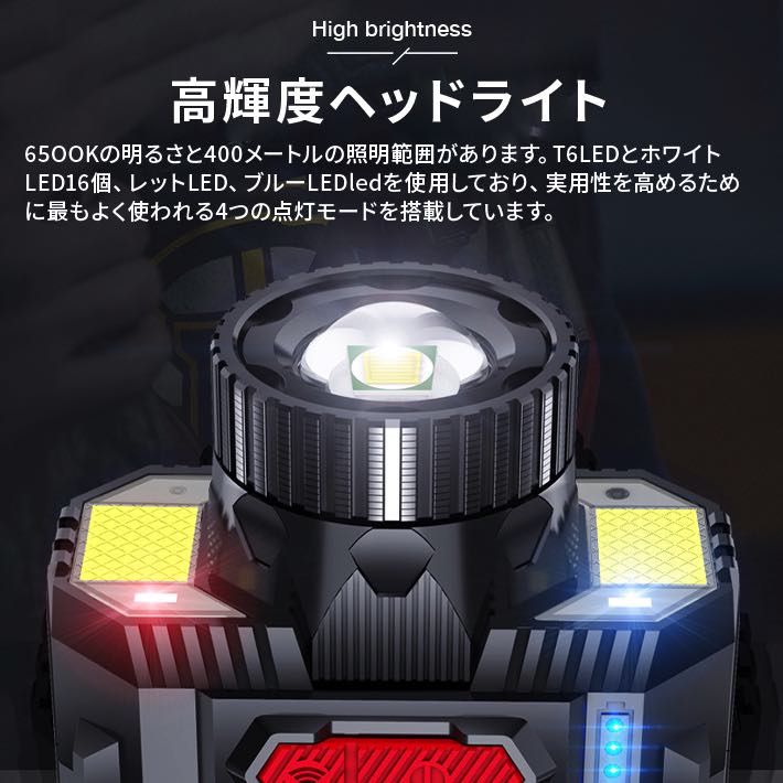 �ʲ��� �إåɥ饤�� ���󥵡����� USB���ż� 4�������⡼�� �����ൡǽ ���뤵 6500k 2000mAH ��¢���� IPX4 �ɿ� 70cmĴ���ǽ �⵱�� SOS���� �л� ������