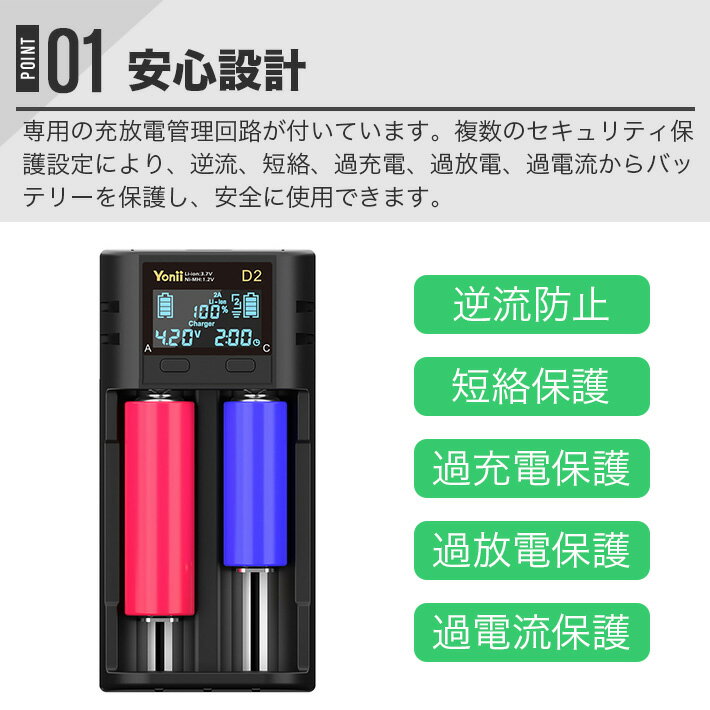 電池充電器 充電式バッテリー 電池 バッテリー充電器 LCD インテリジェント 充電器 PCB 保護ボード付き 満充電自動停止 充電時間表示 電圧 電池容量表示