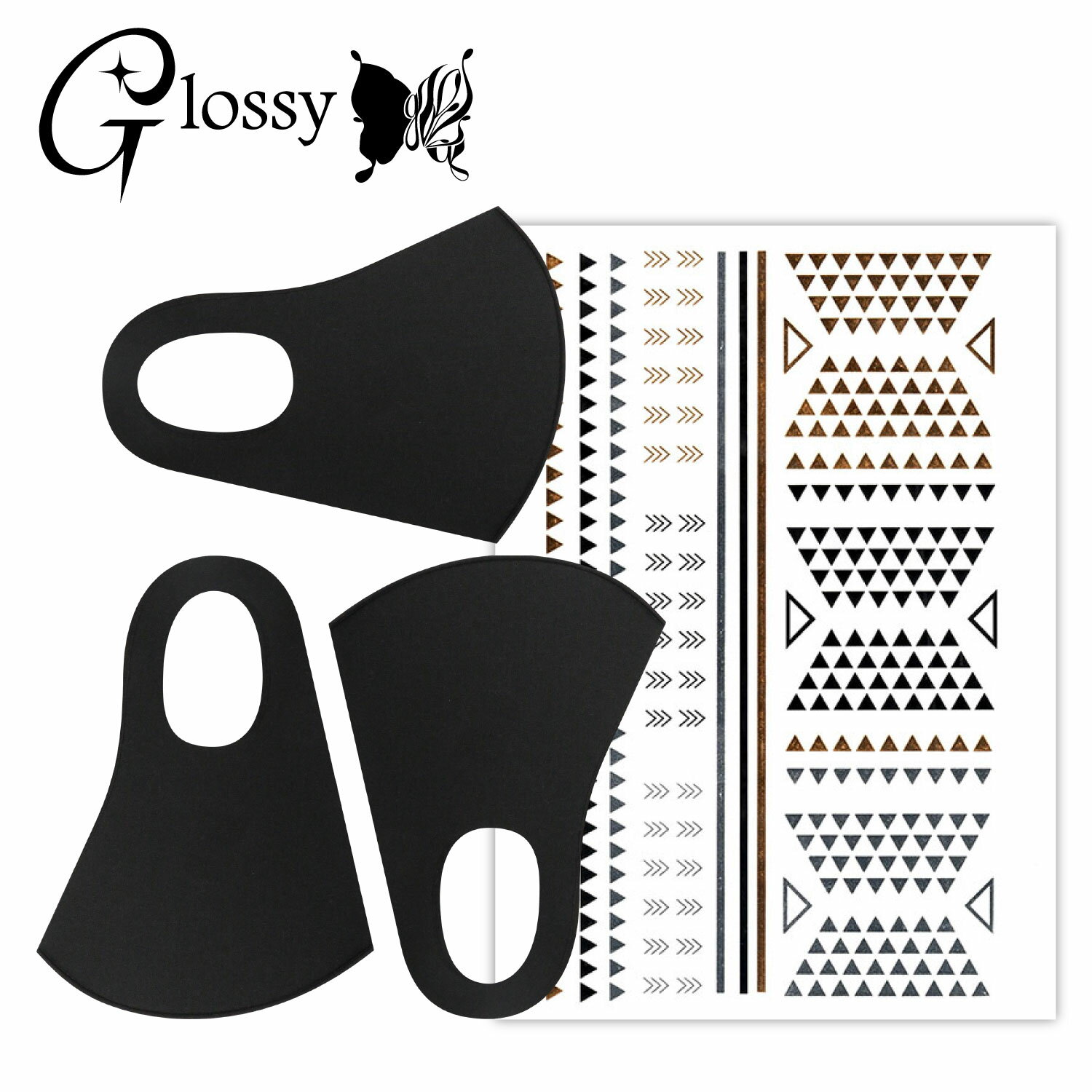 Glossy(グロッシー) デコマスク カラーマスク デコレーションマスクキット メタリック シール1枚 マスク3枚 ブラック 普通サイズ DM-308BM (ゆうパケット対応)