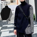 セーター メンズ ストリート系 メンズ ニットソーハイネック 千鳥格子 千鳥柄 チェック バイカラー ロングTシャツ メンズ 大きいサイズ ビッグセーター ロン...