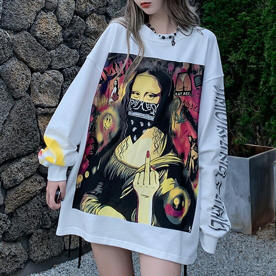 ロンT メンズ ロングtシャツ メンズ ストリート系 ロンT メンズ 袖プリント モナリザ ビックプリント ロック FUCK ファック ビックプリント ROCK 大きいサイズ ロンT インポート 個性的 V系 ヴィジュアル系 ファッション 韓国 トップス 衣装 2021 秋 冬 新作 お兄系 ビター系