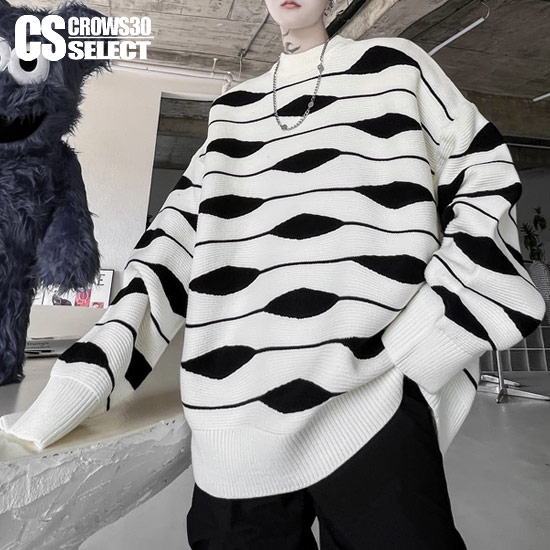 セーター メンズ V系 ロンT メンズ ニットソー メンズ ロングTシャツ メンズ 幾何学柄 ボーダー インポート 個性的 V系 ヴィジュアル系 ファッション ...