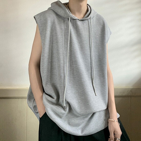 パーカー メンズ モード系 Tシャツ メンズ ノースリーブ パーカー ドロップショルダー 半袖 Tシャツ ワッフル ロイヤルブルー インポート ビター系 2021 秋 冬 新作 個性的 V系 ヴィジュアル系 ファッション お兄系 ホスト 衣装 オラオラ系 パーカー