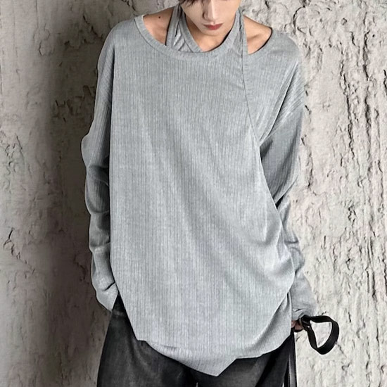 ロングTシャツ メンズ モード系 ロンT メンズ モード系 メンズ ビッグカットソー ユニセックス 重ね着風 ロンT メンズ 大きいサイズ カットソー メンズ 2023 秋 冬 新作 個性的 V系 ヴィジュアル系 ファッション お兄系 ホスト 衣装 地雷系 カットソー