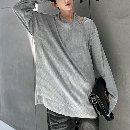 ロングTシャツ メンズ モード系 ロンT メンズ モード系 メンズ ビッグカットソー ユニセックス 重ね着風 ロンT メンズ 大きいサイズ カットソー メンズ 2023 秋 冬 新作 個性的 V系 ヴィジュアル系 ファッション お兄系 ホスト 衣装 地雷系 カットソー