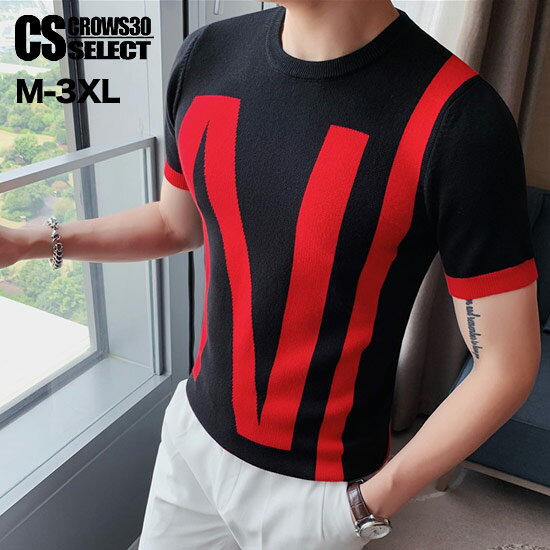 Rakuten - Tシャツ メンズ モード系 Tシャツ メンズ 大きいサイズ Tシャツ ビッグロゴ ライン サマーニットソー オシャレ 半袖 Tシャツ インポート 2023 春 夏 新作 個性的 V系 お兄系 ヴィジュアル系 ファッション ホスト 衣装 ロック系 ビター系 Tシャツ オラオラ系 ニット
