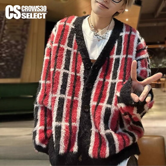 カーディガン メンズ ニットカーディガン レディース モード系 ニット メンズ 大きいサイズ 地雷系 セーター ユニセックス レッドチェック柄 総柄 モヘア カ...