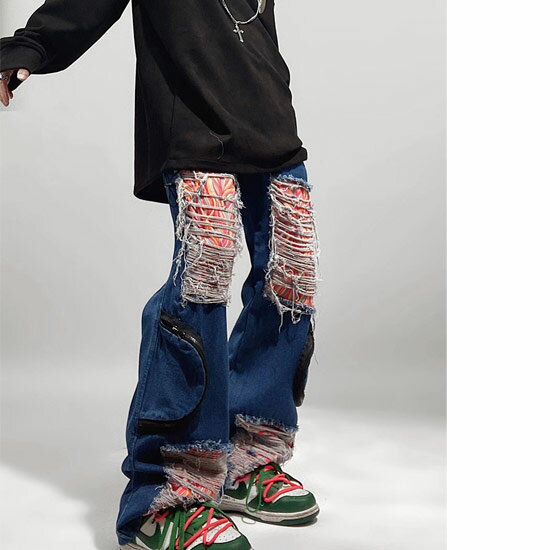 デニムパンツ メンズ ワイドパンツ メンズ カーゴパンツ ダメージ加工 幾何学柄 ストリート系 ワイドパンツ メンズ B系 ヒップホップ オシャレ 派手 ビター系 インポート 個性的 V系 ヴィジュアル系 ファッション お兄系 ホスト 衣装 2023 春 秋 冬 新作