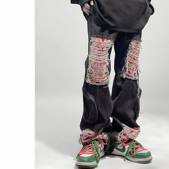 デニムパンツ メンズ ワイドパンツ メンズ カーゴパンツ ダメージ加工 幾何学柄 ストリート系 ワイドパンツ メンズ B系 ヒップホップ オシャレ 派手 ビター系 インポート 個性的 V系 ヴィジュアル系 ファッション お兄系 ホスト 衣装 2023 春 秋 冬 新作
