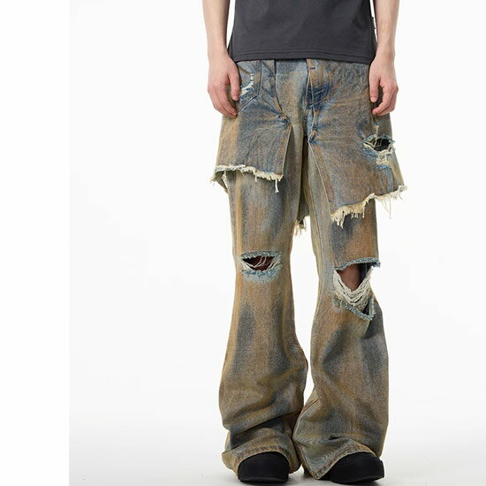 V系 パンツ メンズ デニムパンツ Y2Kファッション モード系 パンツ 派手 重ね着風 変形パンツ メンズ 汚し加工 ダメージ オシャレ ジーパン メンズ 個性的 ヴィジュアル系 ファッション お兄系 ホスト 衣装 新作 B系 ヒップホップ 20代 30代 40代 50代 デニムパンツ