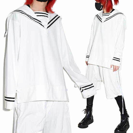 ロンT メンズ モード系 メンズ ロングTシャツ セーラー服 セーラーカットソー レディース ロンT 大きいサイズ ホワイト 白 海兵服 コスプレ お兄系 V系 ヴィジュアル系 ファッション ホスト 2021 春 秋 冬 新作 個性的 V系 お兄系 モード系ファッション 衣装 Allegro