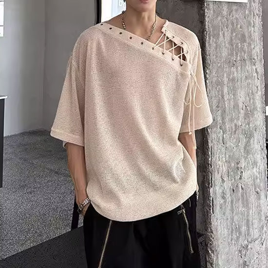 V系 Tシャツ メンズ V系 メンズ カットソー メンズ モード系 tシャツ メンズ レースアップ スピンドル アシンメトリー 大人 Tシャツ 大きいサイズ オシャレ 半袖 Tシャツ 春 夏 新作 個性的 お兄系 ヴィジュアル系 ファッション ホスト ロック バンド 30代 40代 50代 60代