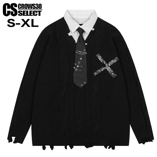 V系 セーター メンズ ロングTシャツ メンズ ダメージ ロンT モード系 メンズ Tシャツ メンズ 重ね着 ネクタイ 安全ピン ダメージ ニットソー モード系...