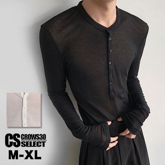 V系 メンズ ロングTシャツ メンズ ヘンリーネック V系 ロンT メンズ モード系 Tシャツ メンズ 薄手 スリム タイト トップス メンズ モード系 ロンT メンズ シースルー 個性的 ヴィジュアル系 ファッション 韓国 ファッション トップス お兄系