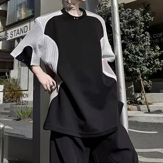 V系 Tシャツ メンズ モード系 Tシャツ メンズ バイカラー カットソー メッシュ 切替 ハトメ 大きいサイズ モード系 メンズ Tシャツ オシャレ 半袖 Tシャツ 2025 春 夏 新作 個性的 お兄系 ヴィジュアル系 ファッション ホスト ロック バンド 20代 30代 40代 50代 60代