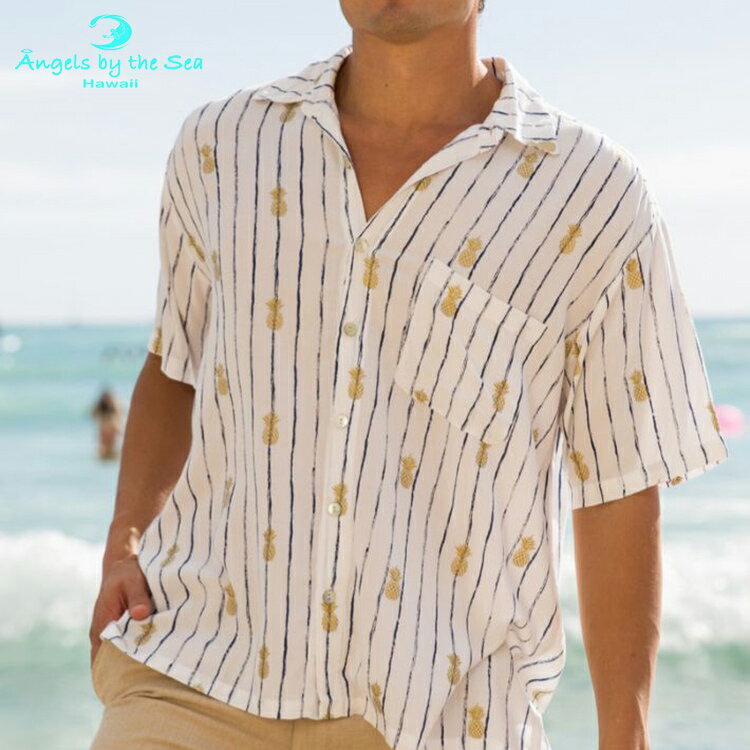 エンジェルズバイザシー Angels by the Sea Hawaii アロハシャツ 半袖シャツ ボタン メンズ ファッション ペア リゾート 海 ビーチ ハワイ アロハ パイナップル ホワイト 白 ストライプのサムネイル