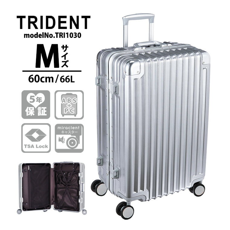 【最大20％OFFクーポン　7/22（火）9：59まで】スーツケース Mサイズ 中型 60cm 66L美しくリアルなアルミ調ボディ 軽量 頑強シフレ 5年保証付 TRIDENT トライデント TRI1030