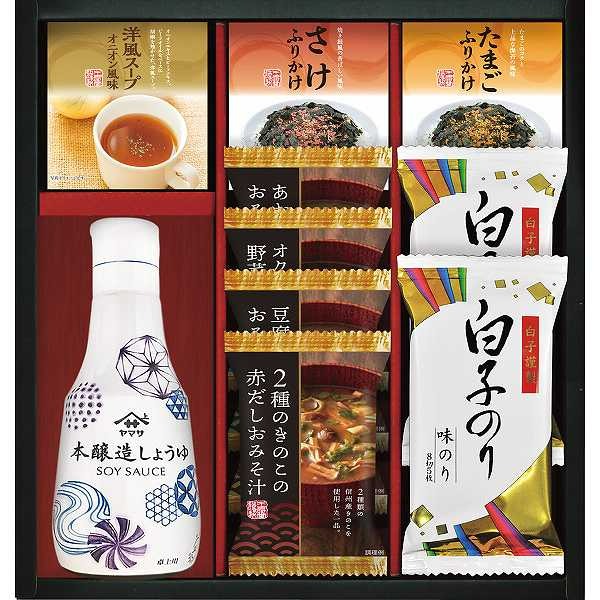 商品詳細商品名ヤマサ鮮度しょうゆ＆フリーズドライ商品番号r26-2901-081メーカー品番CR－30内容●とうふと油揚げのおみそ汁×1、2種のきのこの赤だしおみそ汁×1、あおさとわかめのおみそ汁×1、オクラ入ねばねば野菜スープ×1、ヤマサ鮮度しょうゆ200ml×1、丸美屋たまごふりかけ（2．5g×3）×1、丸美屋さけふりかけ（2．5g×3）×1、丸美屋洋風スープオニオン風味（粉末）（2．5g×3）×1、白子のり味のり（8切5枚）×2アレルギー●卵 ●乳成分 ●小麦 ●えび ●牛肉 ●さけ ●大豆 ●鶏肉 ●豚肉 ●ごま配送区分常温原産国梱包形態化粧箱入箱サイズ：23.6×25.5×7cm名入れ区分名入れなし賞味期限（製造日より360日）※出荷時、残り180日以上の商品をお届けします。大量注文・法人ギフトなどもお気軽にご連絡ください。結婚内祝い 出産内祝い 快気内祝い 御歳暮・お中元・卒業記念品 定年退職 記念品 永年勤続 長寿 福祉大会受賞 創業周年記念品 退職 プレゼン大会 卒業記念品 卒園 卒団 出産祝い ベビーギフト 快気祝いブライダル 引出物 結婚祝い 入学祝い 進学祝い 卒業祝い 就職祝い 卒業記念品 新築祝い 母の日 父の日 敬老の日 プレゼント お祝い お返し 贈答品 景品 記念品 粗品 ゴルフコンペ お歳暮・御中元等
