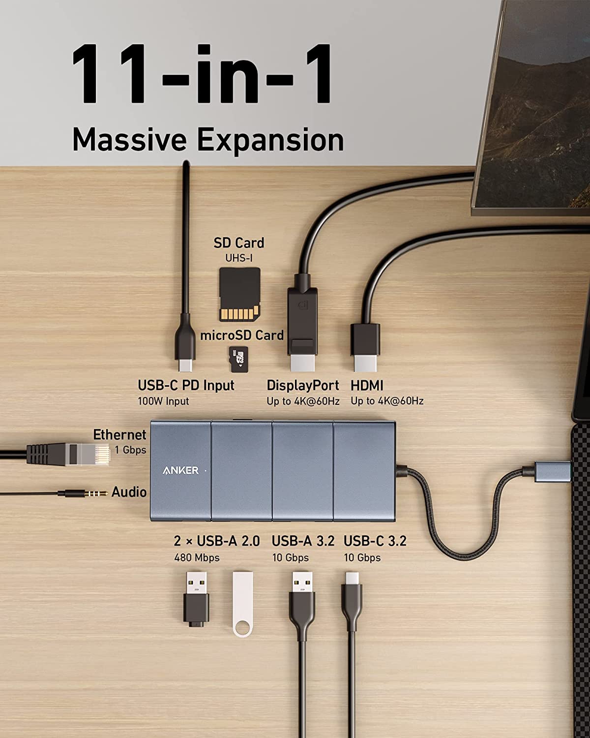 【7/1限定 最大10%OFFクーポン＆P10倍】Anker 565 USB-C ハブ (11-in-1) 10Gbps 高速データ転送 4K HDMIポート DisplayPort 100W USB PD対応 USB 3.2 Gen 2 USB-Cポート USB-Aポート USB 2.0 1Gbps イーサネットポート microSD&SDカード スロット 3.5 mm