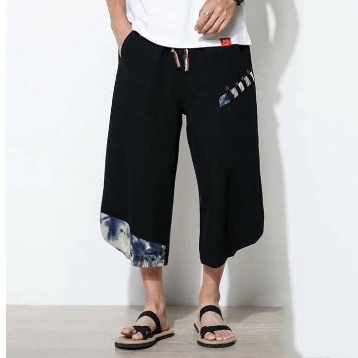動きやすい 綿麻風 サルエルパンツ 七分丈 ワイドパンツ ボトムス ウエストゴム 夏 薄手 ワイドパンツ
