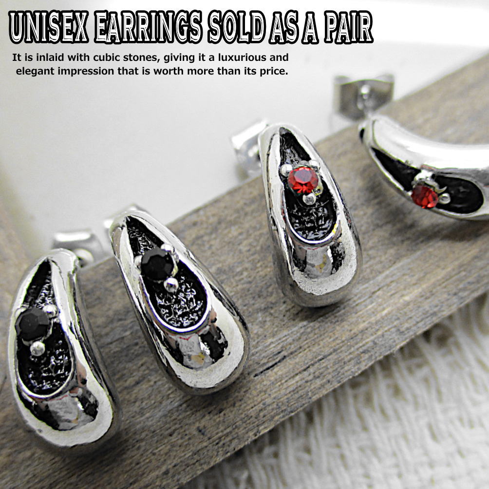 Rakuten - ペア売り ピアス C型スタッド ぽってり フープ型 キュービックストーン 黒 赤 ブラック レッド オープンフープデザイン アクセサリー スタッドピアス 1-454