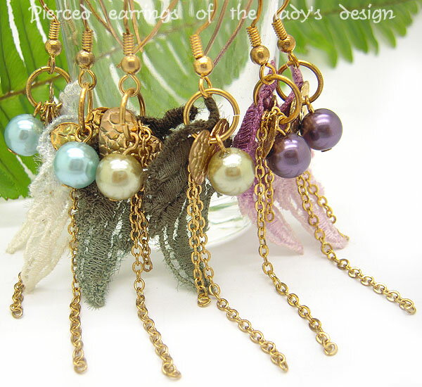 (ペア売り)ピアス イヤリング レースの葉 リーフ 人工パール 人工真珠 チェーン ハート ハンドメイド メール便 レディースピアス アクセサリー1-470-4...