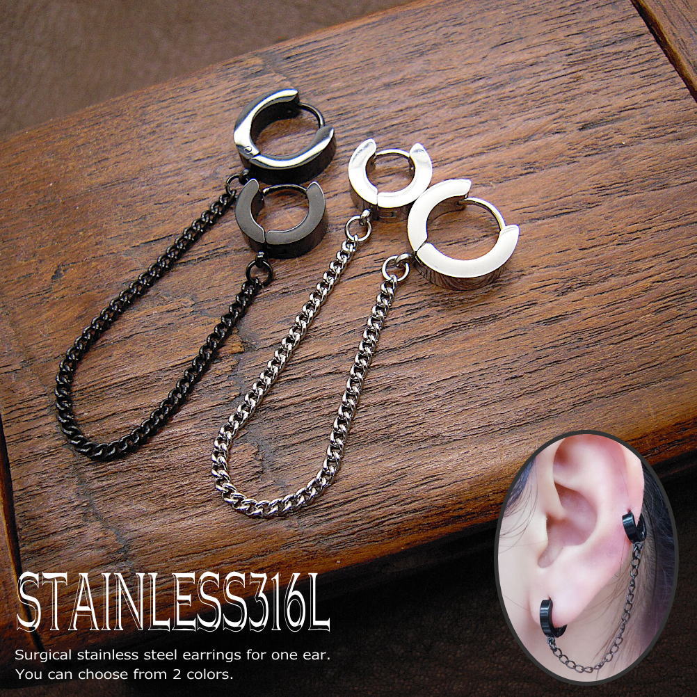 2穴 片耳用 手錠 ピアス ワンタッチ チェーン リング フープ ステンレス アクセサリー メンズ レディー..