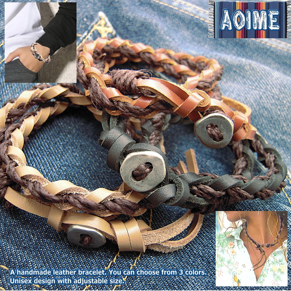 Rakuten - レザー ブレスレット 四つ編み 革 麻ひも コンチョボタン ハンドメイド 2重ブレス ラップブレス フリーサイズ メンズ レディース 男女兼用 男性 女性 ハンドメイド 手作り 3-5710