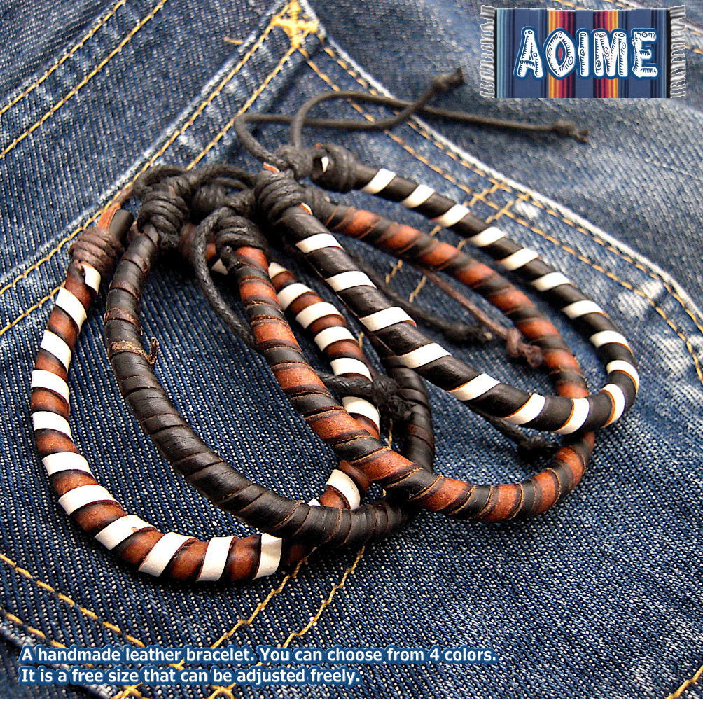 クルクル丸編み レザー & コットン フリーサイズ ブレスレット ト 手作り ハンドメイド メンズ レディース アクセサリー 革ブレス 男女兼用 男性 女性 黒...
