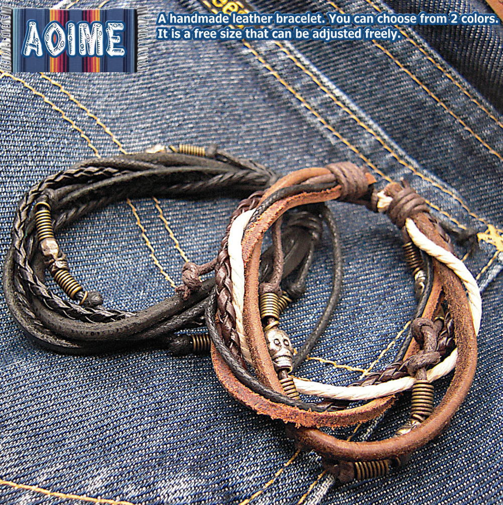 ブレスレット レザー 革 ブレス フリーサイズ スカル ドクロ 髑髏 ビーズ レザー コットン 手作り ハンドメイド メンズ レディース 男女兼用 男性 女性 ...