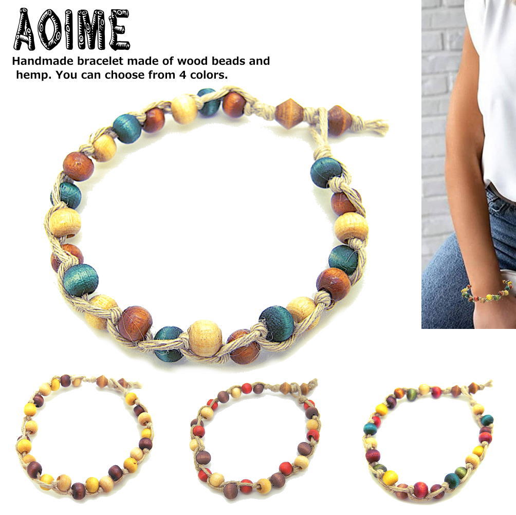 Rakuten - カラフルウッド ヘンプ 編みブレス 6mm ウッドビーズ ヘンプ紐 ブレスレット レディース ブレス アクセサリー ナチュラル 自然 素材 ビーズ 3-9019
