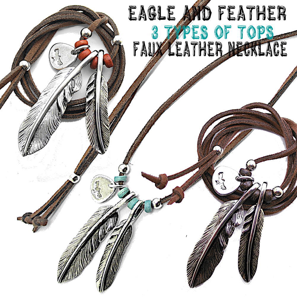 メンズ ネックレス フェザー 2枚 羽根 複数トップ イーグル ペンダント チョーカー フェイクレザー 人工皮革 インディアンジュエリー モチーフ アクセサリー 4-7592