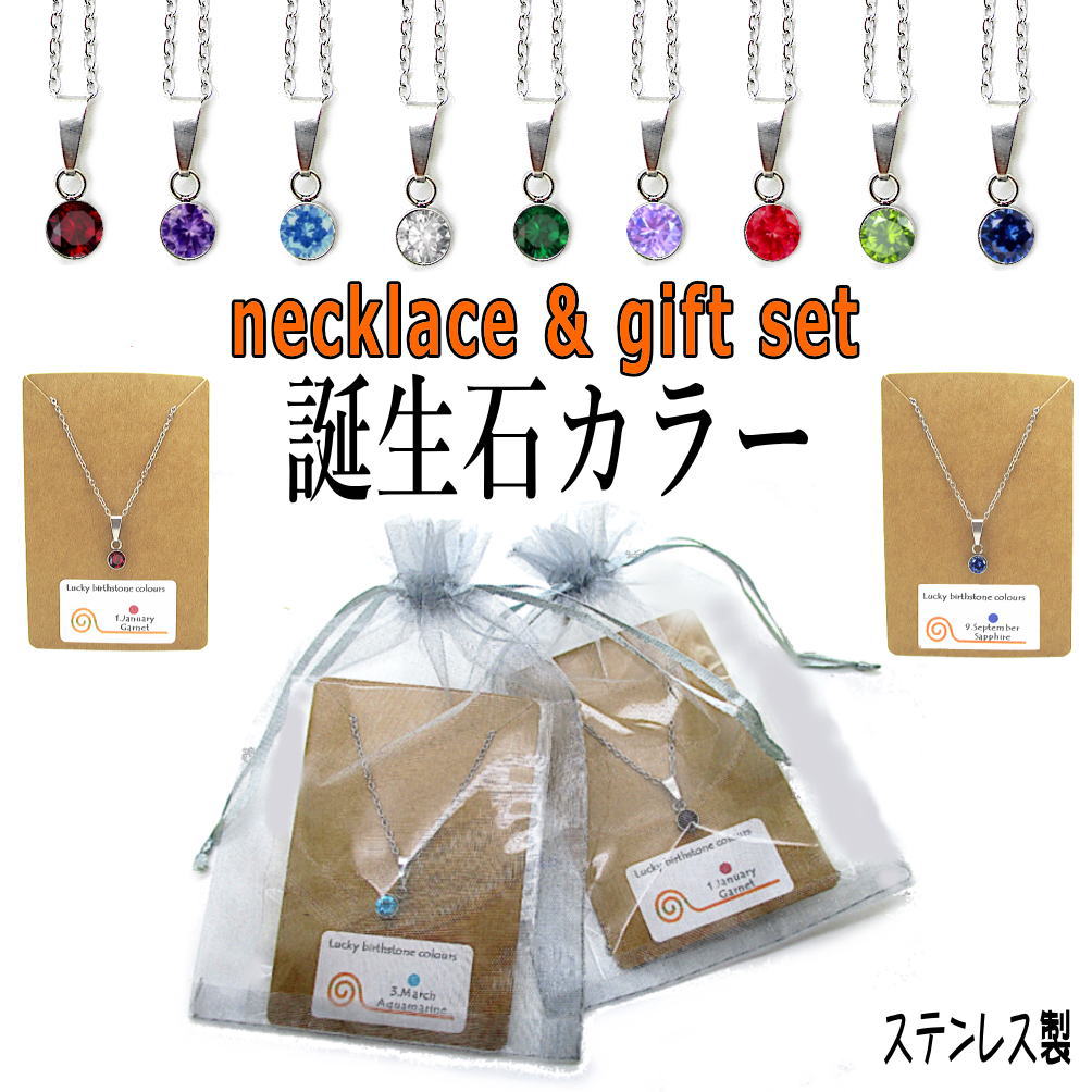 誕生月カラー ステンレス ネックレス ペンダント ビジュー ジルコニア 一粒 シルバー シンプル 誕生石 誕生色 誕生カラー ストーン　プ..