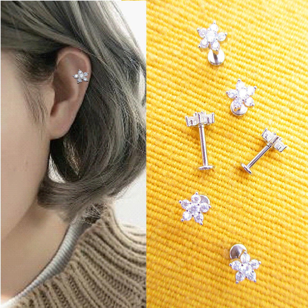 16G 16ゲージ ボディピアス ラブレット スタッド 軟骨ピアス 花 フラワー ピアス ヘリックス 軟骨 トラガス 後ろが平ら 内径 シャフト 6mm 8mm 耳 耳たぶ bp514