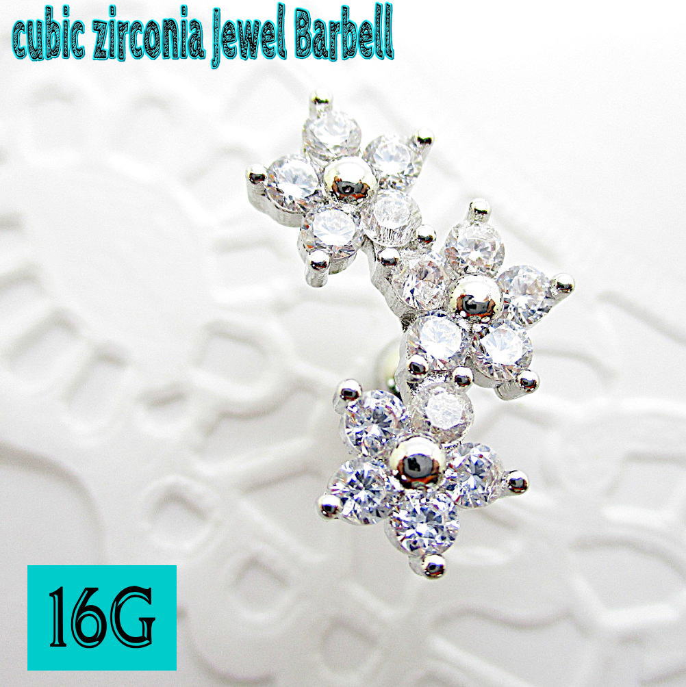 16G 16ゲージ ボディピアス 軟骨ピアス ストレート バーベル 3 フラワー キュービックストーン レディースピアス ヘリックス 軟骨 トラガス 耳 耳たぶ bp536