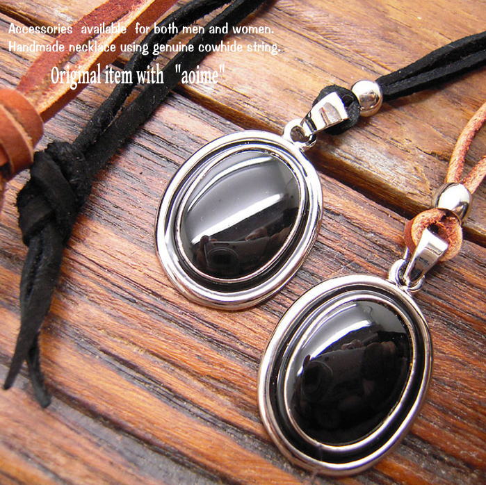 ブラックオーバルストーン レザーネックレス ペンダント チョーカー 本牛革 メンズ レディース ジュエリー ブラック ブラウン レザー n-l040