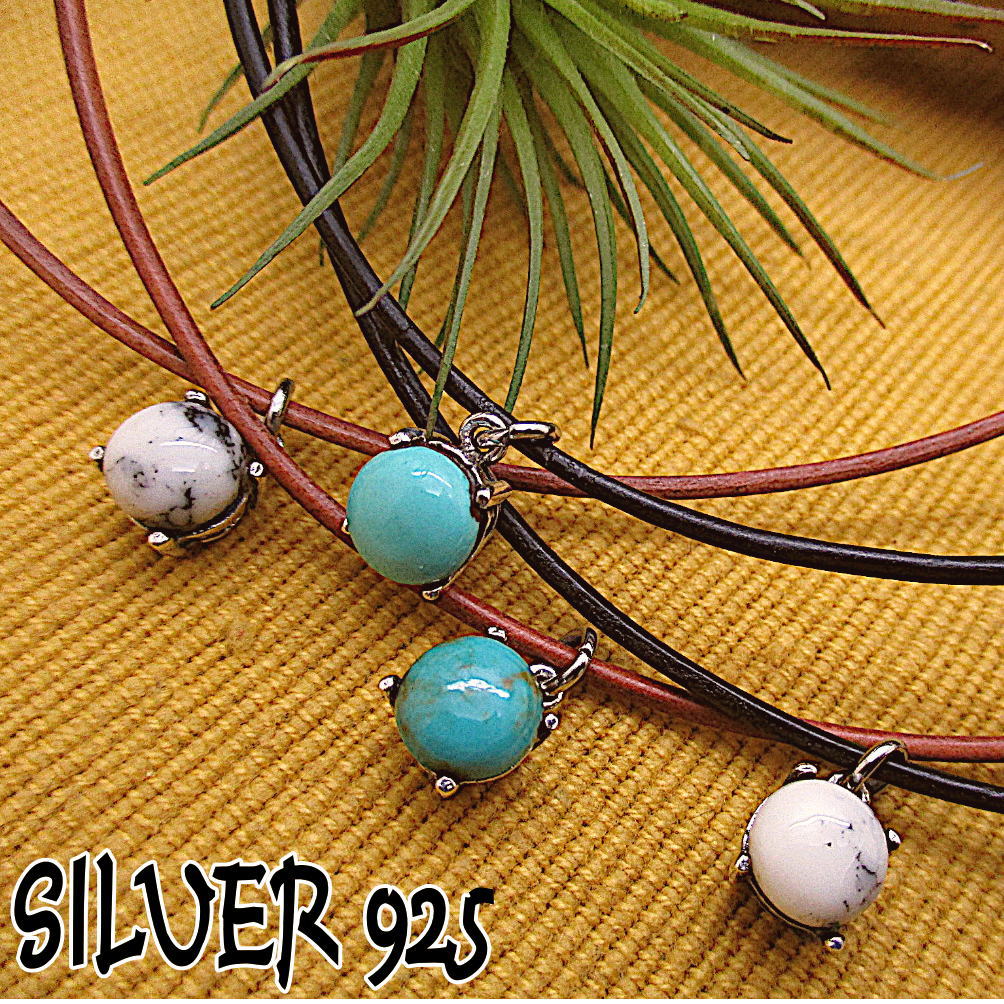 短项链 - シルバー 925 銀製品 銀 トップ と レザー チョーカー 革 ネックレス レディース ペンダント 天然石 ターコイズ ホワイトハウライト ジュエリー 石 ストーン スターリングシルバー t053