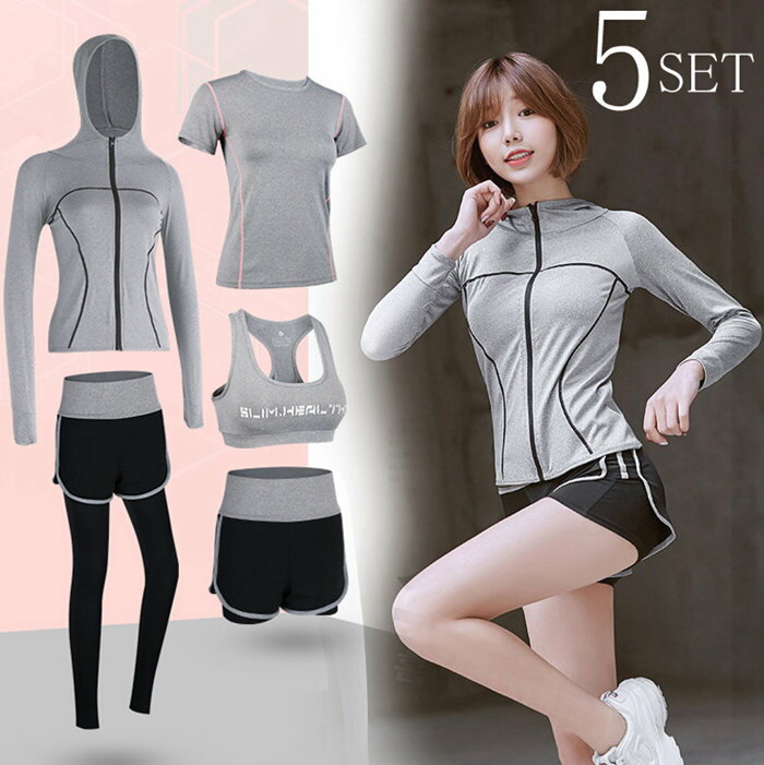 フィットネス 体型カバー 5点セット 運動用 スポーツウェア レディース フィットネスウェア ヨガウェア 通気性 速乾性長袖ラッシュガード フィットネス水着 大きいサイズ ママ水着 ショートパンツ レギンススイミング・ウォーキング・フィットネス・ジム・ヨガに大活躍!